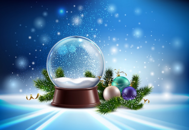 White snow globe realistic composition with hristmas tree toys and winter glitter  illustration