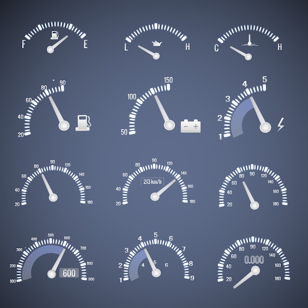 Icona dell'interfaccia del tachimetro bianco con quadranti che mostrano il livello di olio combustibile e illustrazione di vettore di velocità