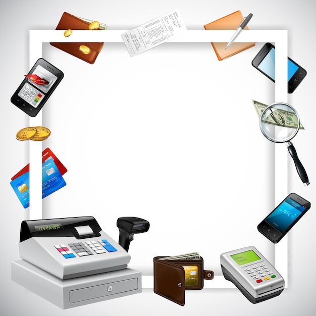 無料ベクター 明るいイラストに現実的な支払い要素お金カード金融機器と白い正方形のフレーム