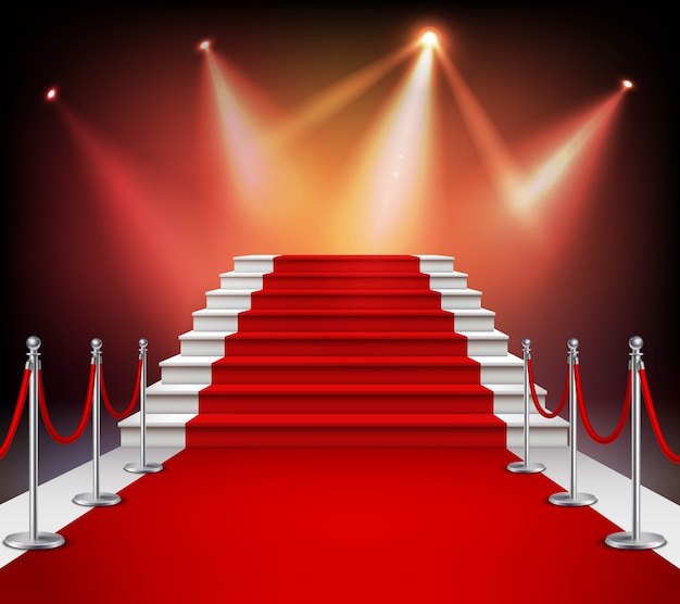 Free vector white stairs covered with red carpet and illuminated by spotlight realistic vector illustration