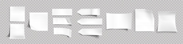 Free vector white stickers of different shapes with shadow and folded edges, tags, sticky notes for memo mockup isolated on a transparent background. paper adhesive tape, empty blanks realistic 3d vector set