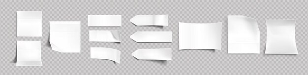 Белые наклейки разной формы с тенью и загнутыми краями, бирки, липкие заметки для макета памятки, изолированные на прозрачном фоне. Бумажная клейкая лента, пустые заготовки, реалистичный набор векторных 3d