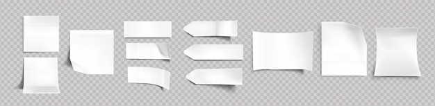 White stickers of different shapes with shadow and folded edges, tags, sticky notes for memo mockup isolated on a transparent background. Paper adhesive tape, empty blanks Realistic 3d vector set