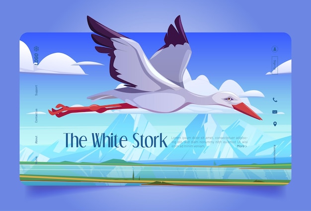 White stork cartoon landing page, beautiful wild bird flying in blue cloudy sky over natural spring time landscape with mountains, river and green fields. ornithology, wildlife, vector web banner