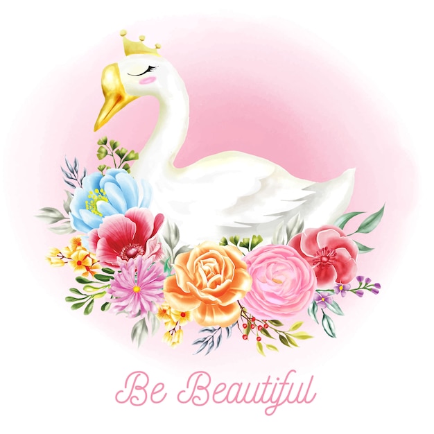水彩画の花と白い白鳥イラスト プレミアムベクター