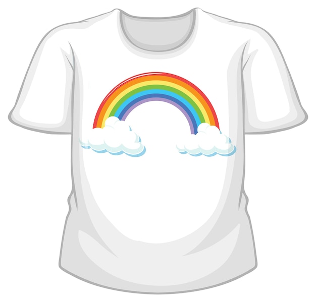 Una maglietta bianca con motivo arcobaleno su sfondo bianco