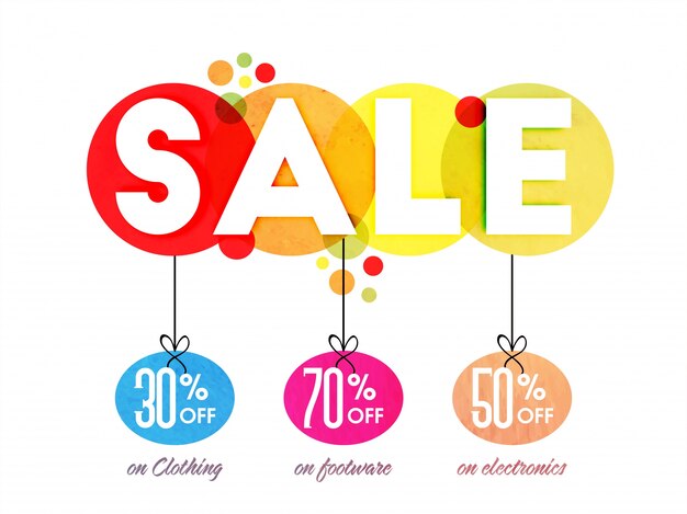  White text Sale with hanging discount percentages on different categories, Creative poster, banner or flyer design. 