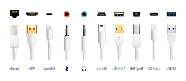 Белые usb-порты подключаются к кабелям с реалистичными изображениями разъемов с векторной иллюстрацией текстовых надписей