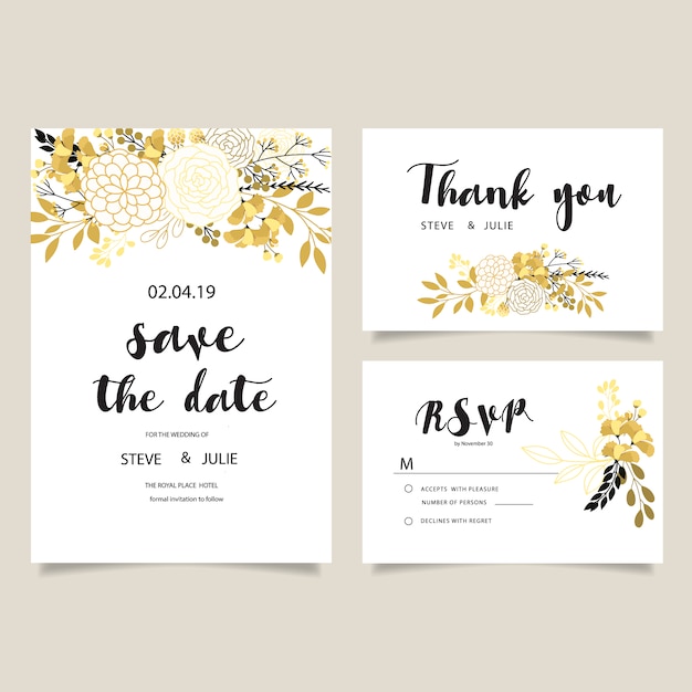 White wedding card with golden flowers collection