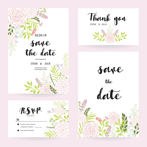White wedding cards with flowers collection