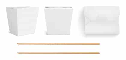 Free vector white wok box and chopsticks, paper packaging for chinese food, noodle or rice with chicken. vector realistic mockup of bamboo sticks and closed takeaway boxes in front and top view