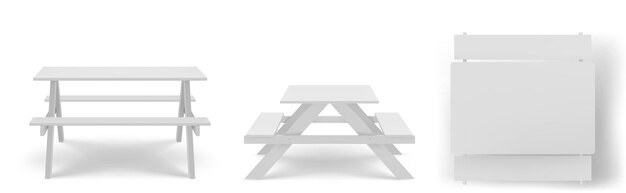 White wooden picnic table with benches vector