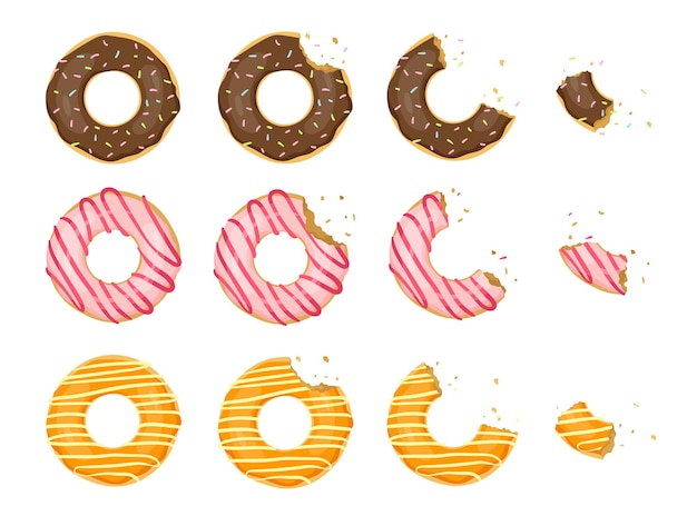 Набор плоских иллюстраций целых и надкушенных пончиков