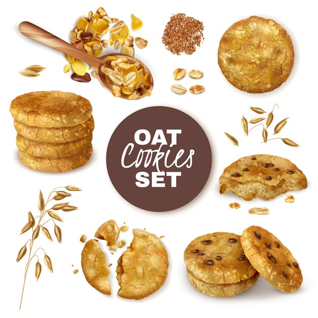 Whole and broken oatmeal cookies decorated with ears of oats realistic set isolated  illustration