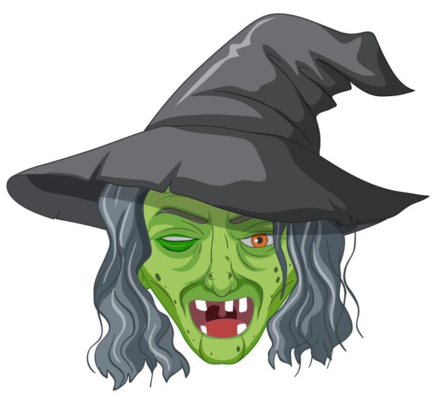 Wicked old witch face on white background