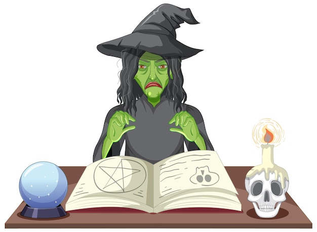 Wicked old witch with magic spell book