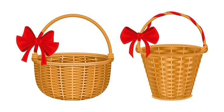 Free Vector wicker basket set with two isolated images of baskets with red bows handles and wooden texture vector illustration