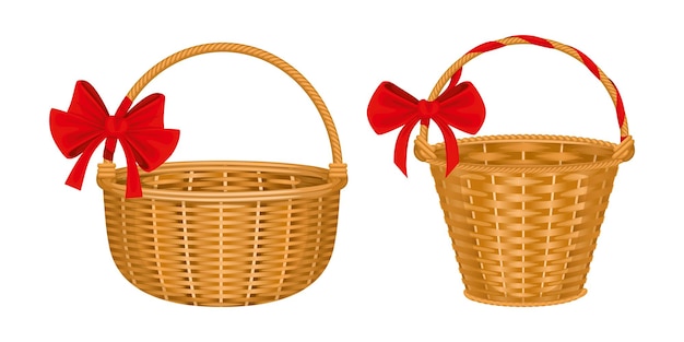 Бесплатное векторное изображение Плетеная корзина с двумя изолированными изображениями корзин с ручками из красных бантов и векторной иллюстрацией деревянной текстуры