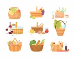 Free vector wicker baskets with food cartoon illustration set. various picnic baskets with wine, fruits, vegetables, hamburgers, fast food for family dinner or romantic date outdoor. summer, food, weekend concept