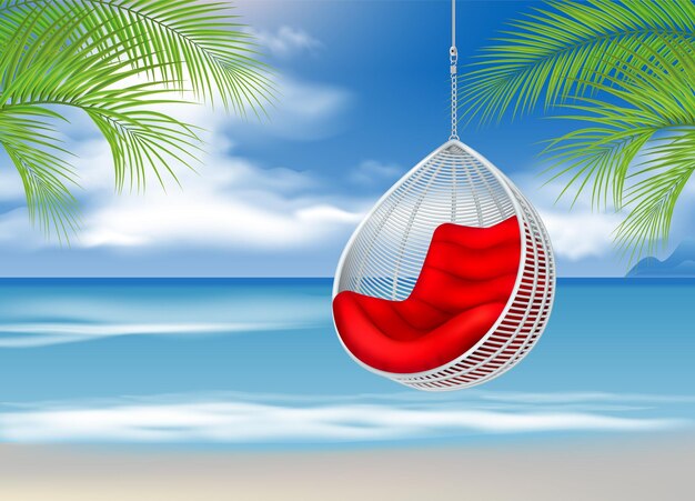 Wicker hanging swing chair on beach illustration