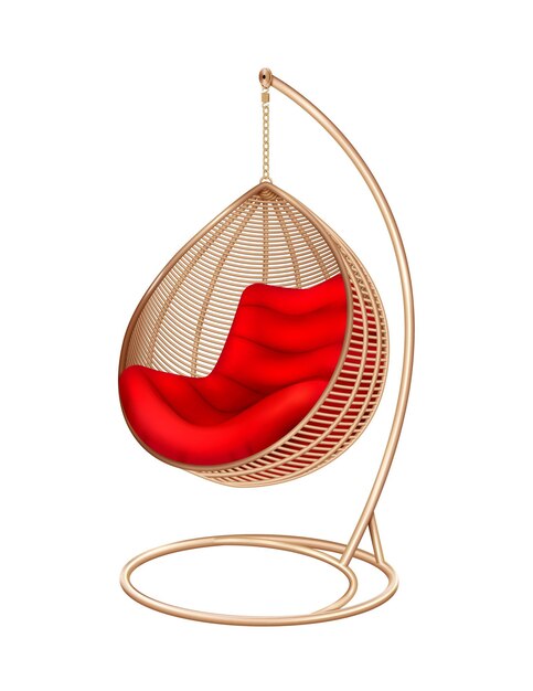 Wicker hanging swing chair composition with isolated image of modern lounge with soft pillows vector illustration