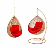 Free vector wicker hanging swing chairs set with two isolated images of modern lounge with soft pillows vector illustration