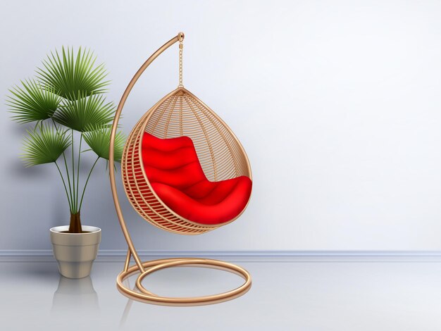 Wicker swing chair with plant interior realistic composition with shadows and glossy floor with bright wall