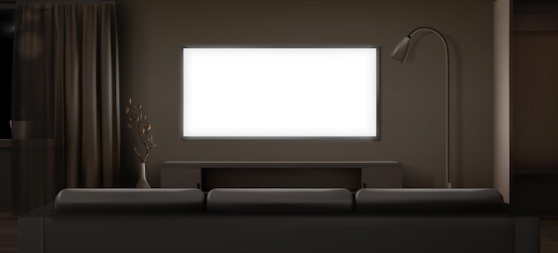 Широкий ЖК-экран в темной гостиной ночью