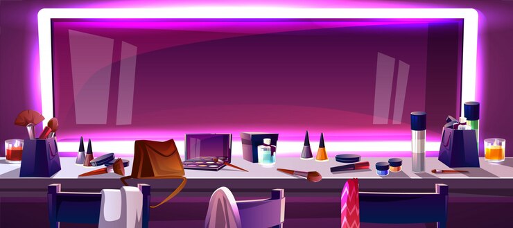 Free Vector wide mirror for makeup surrounded by frame of led strip light, cartoon 