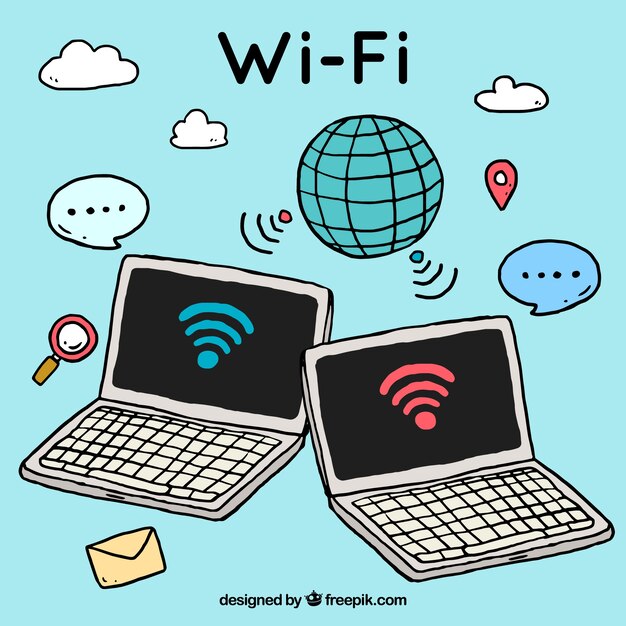 Wifi background with electronic devices in hand-drawn style