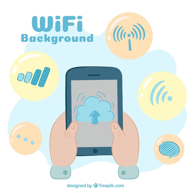 Free vector wifi background with mobile phone in hand-drawn style