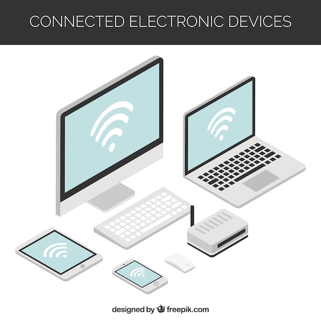 무료 벡터 아이소 메트릭 디자인에 여러 전자 장치와 wifi 배경