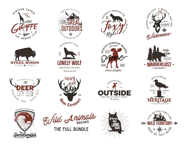 Wild animal badges set and great outdoors activity insignias. retro illustration of animal badges. typography camping style. vector animal badges logos with letterpress effect. custom explorer quotes