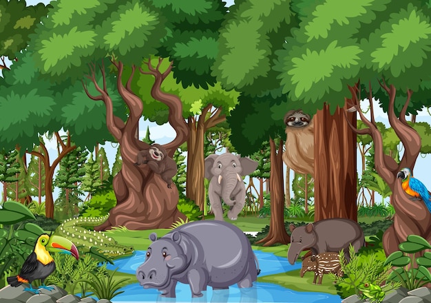森のシーンの野生動物の漫画のキャラクター