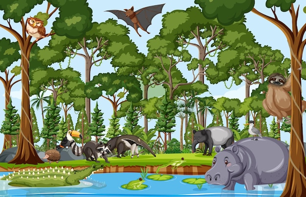 森のシーンで野生動物の漫画のキャラクター