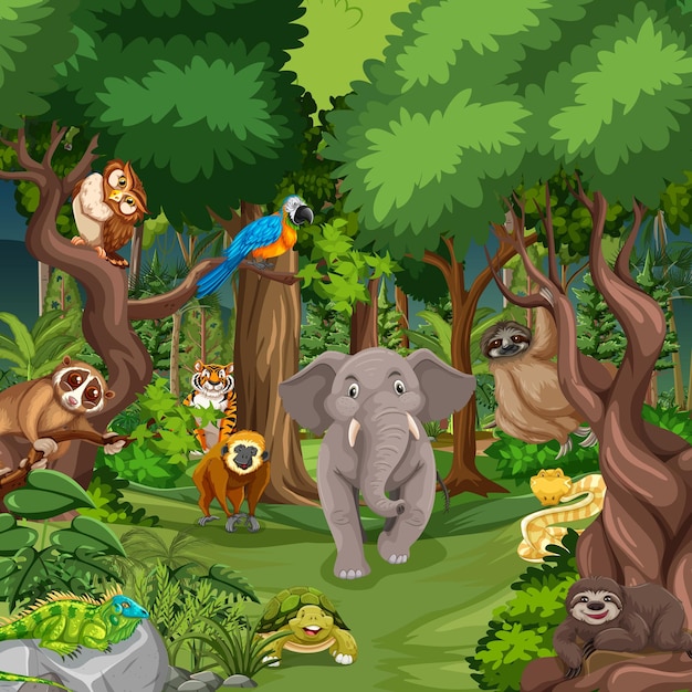 Бесплатное векторное изображение Дикие животные мультипликационный персонаж в лесной сцене