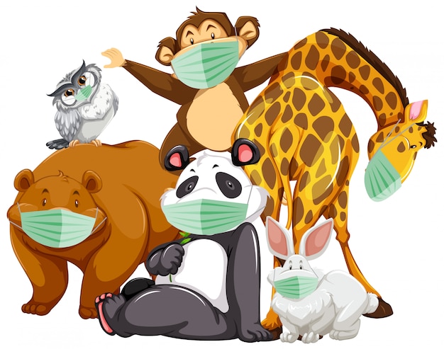 Free vector wild animal cartoon charater wearing mask