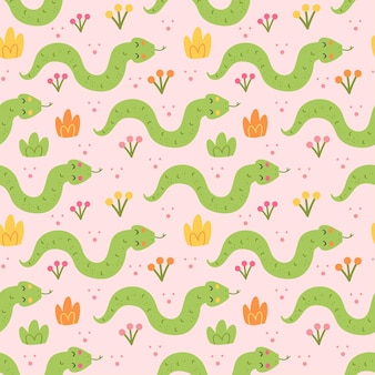 야생 동물 유치 한 그림 허브 잔디와 뱀 벡터 디자인 원활한 패턴