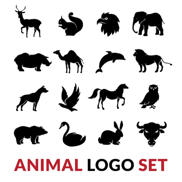 Дикие животные черные силуэты набор с львом слон лебедь белка и верблюд вектор изолированных иллюстрация