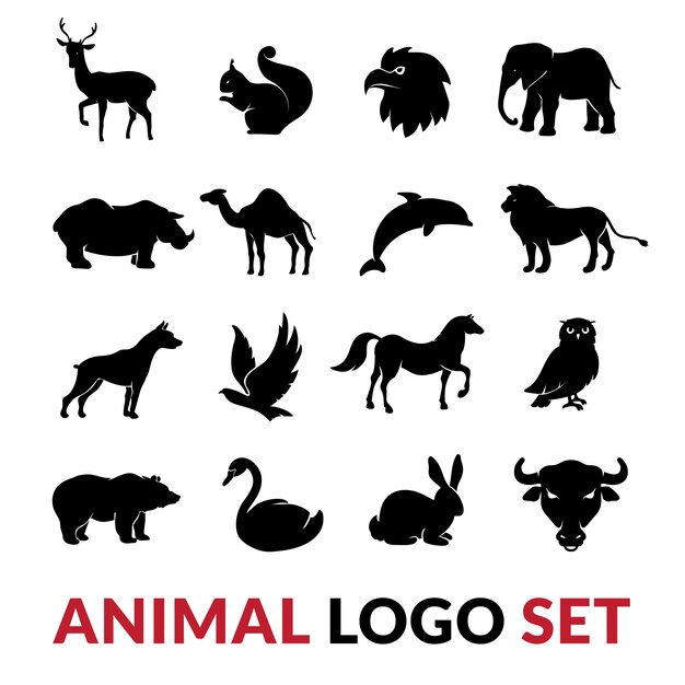 Дикие животные черные силуэты набор с львом слон лебедь белка и верблюд вектор изолированных иллюстрация