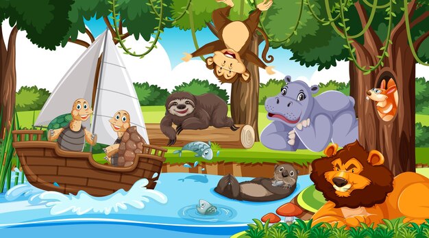 Wild animals cartoon characters in the forest scene