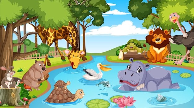 Бесплатное векторное изображение Персонажи мультфильмов о диких животных в лесной сцене