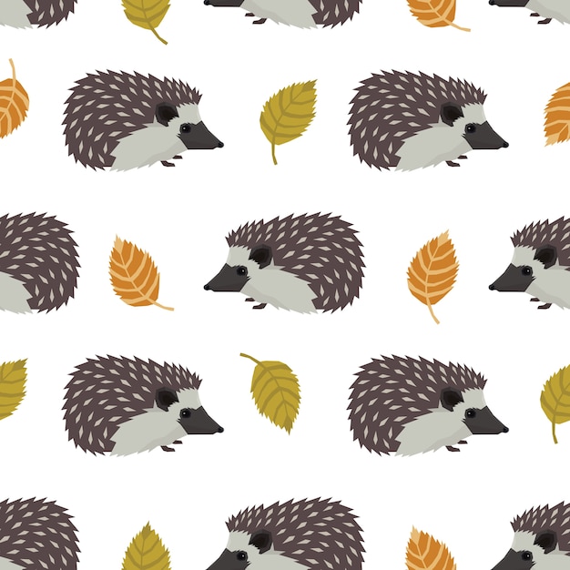 Wild animals collection hedgehogs and leaves seamless pattern