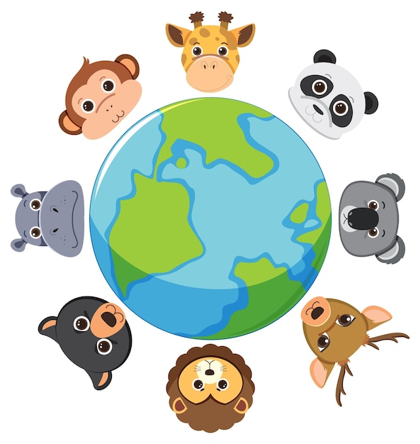 Vettore gratuito faccia di animali selvatici sopra l'icona del globo