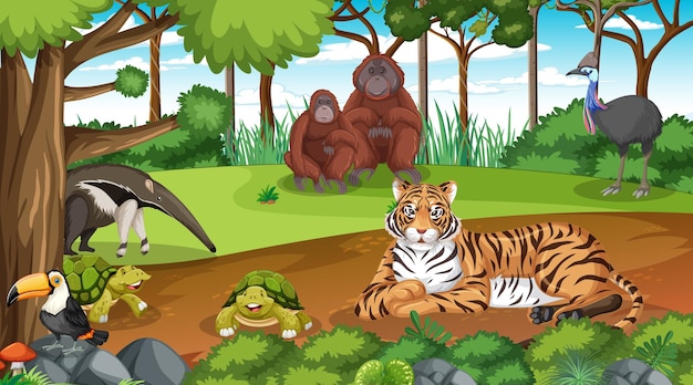 Wild animals in forest scene with many trees