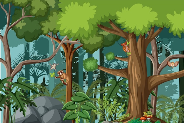 Free vector wild animals in the forest scene