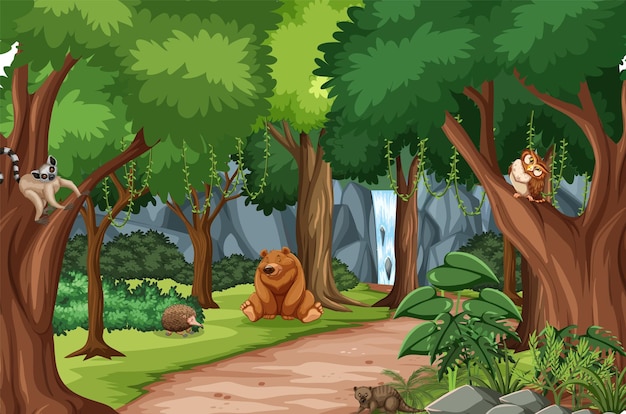 Дикие животные в лесной сцене