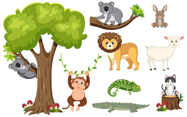 Free vector wild animals isolated and a tree