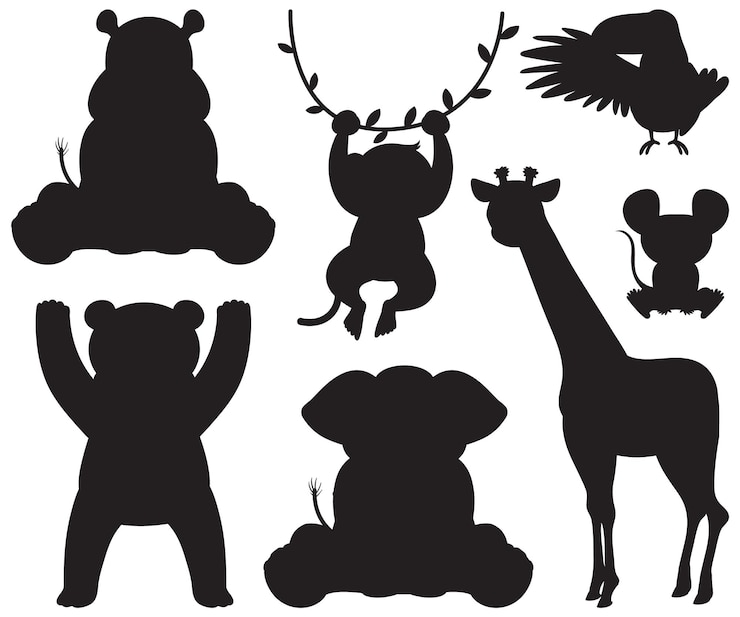 Free Vector wild animals in simple silhouette cartoon style