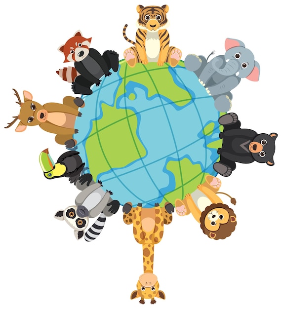 Free vector wild animals sitting on a globe